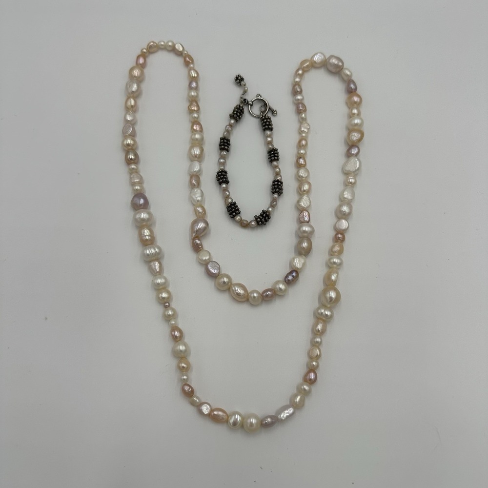 VTG Baroque Freshwater‎ Pearl Necklace 36" And Sterling Bracelet 8" Artisan Boho